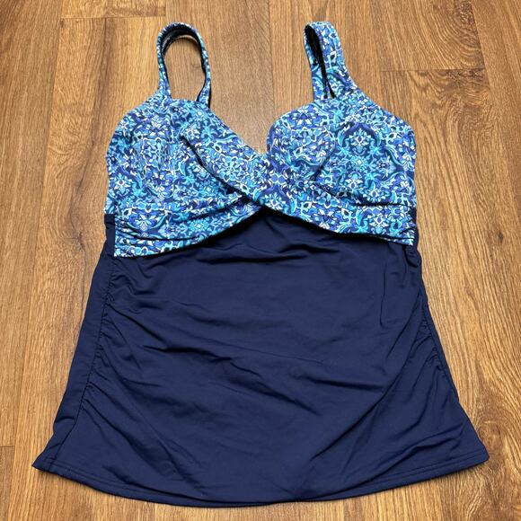 Lands End Blue Color Block Blue Geo Floral Underwire Tankini Swim Top Size 8D - Picture 1 of 6